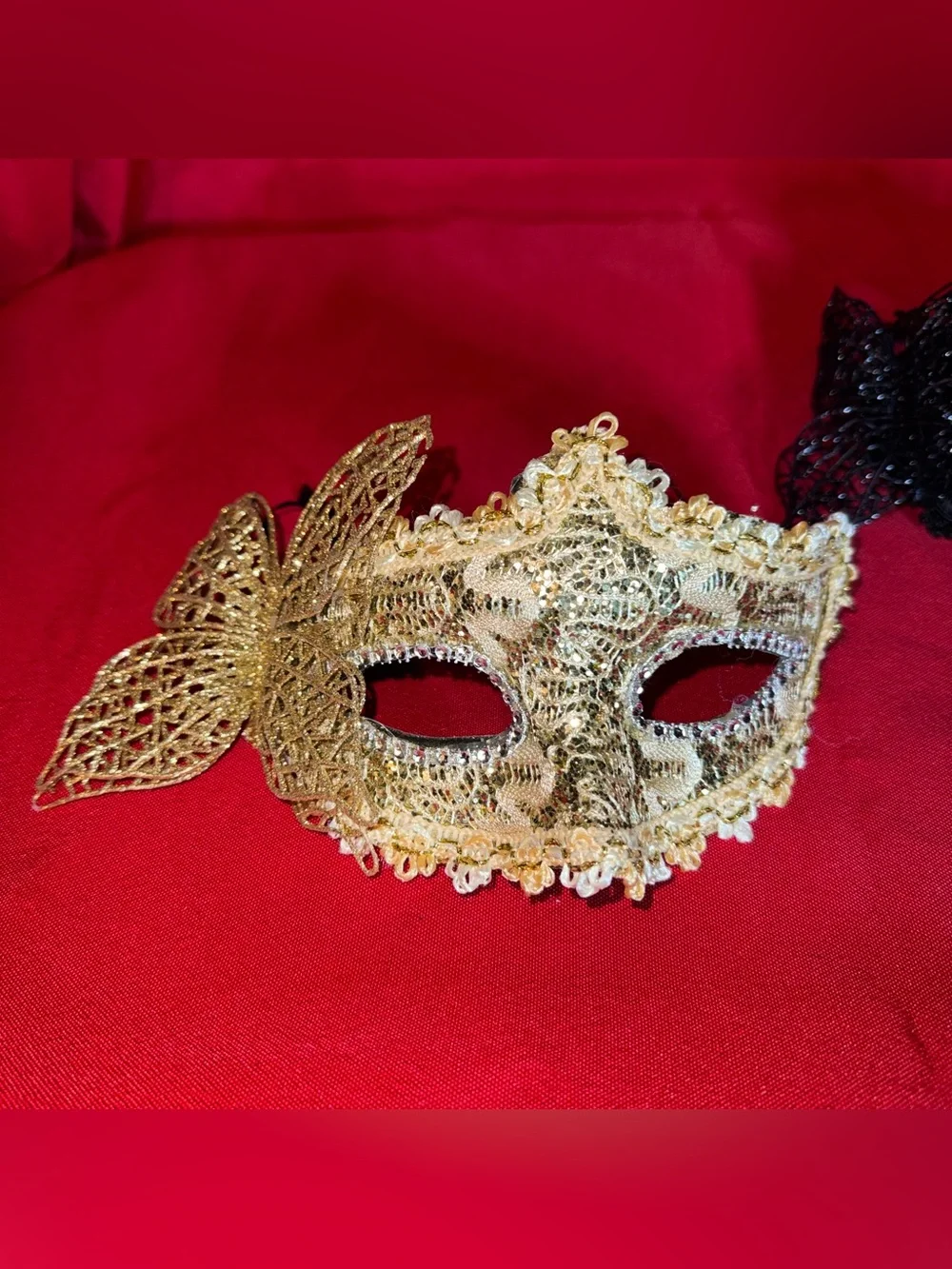 Black Lace Masquerade Mask with Rhinestone Trim